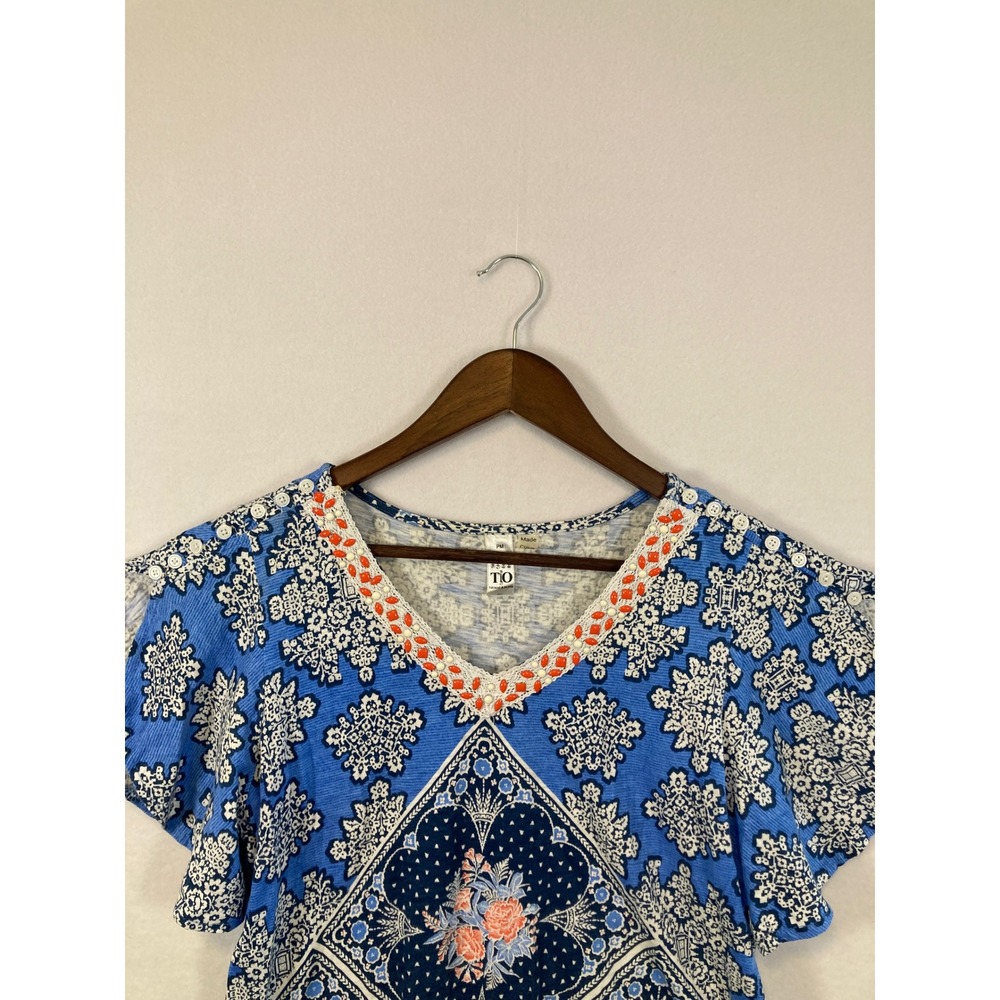 Thomas Olivia Blue Floral Print V Neck Flutter Sleeve Top Women PM - Picture 4 of 9